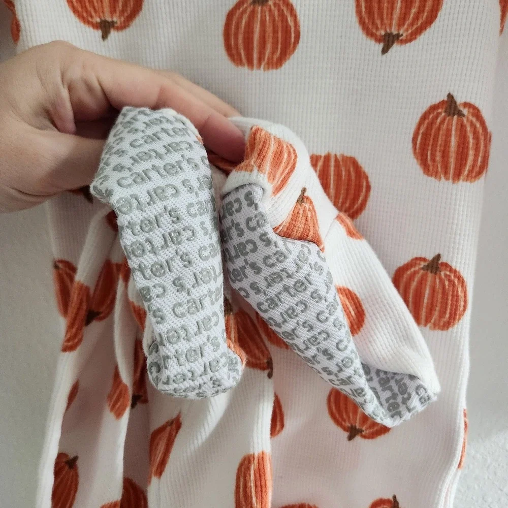 Toddler size 3T Pumpkin Footed Pajamas White Orange Waffle Knit Zip Up‎